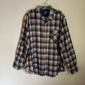 Vintage Sears Navy/Tan Tartan Plaid Cotton Blend Button Up Flannel Shirt Size XL